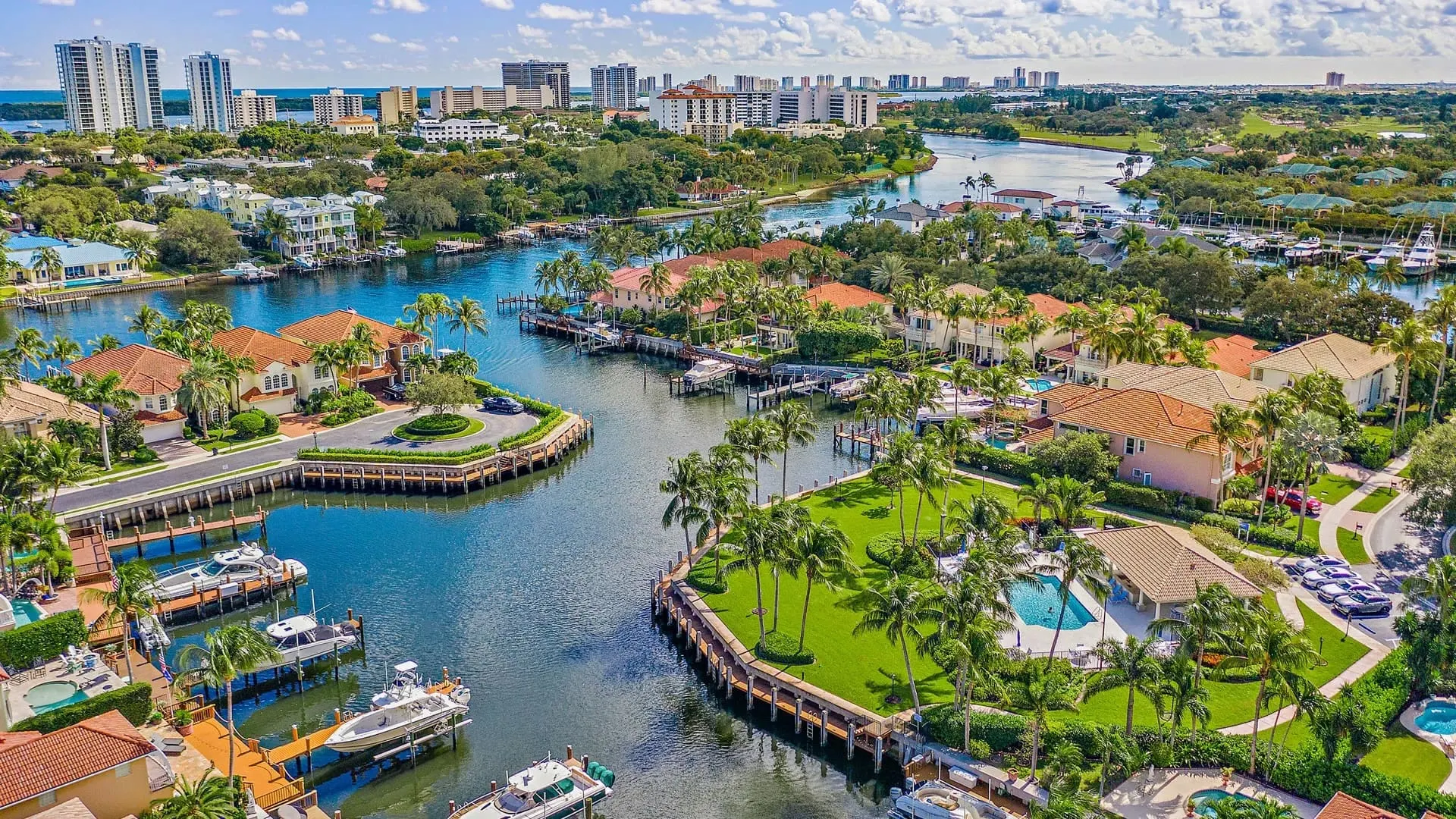 Aerial view of waterfront homes in North Palm Beach, Florida